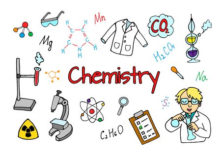 Chemistry cartoon icons set. Chalkboard with elements, formulas, atom, test-tube and laboratory equipment. education, medical. doodle style, vector illustration.のイラスト素材
