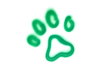 Graffiti pet's paw sign sprayed on white isolated background. Animal symbol painted in street art tag style in green colorの写真素材