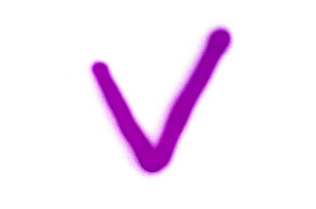 Graffiti check mark sign sprayed on white isolated background. Approving symbol painted in street art tag style in violet colorの写真素材