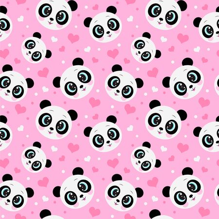 Seamless pattern with cute panda bear and hearts. Funny childrens background, print, gift wrapのイラスト素材