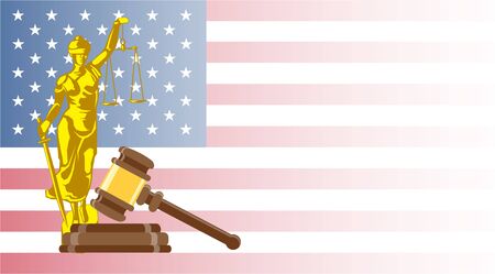 Business card for lawyer or judicial worker. Statue of justice with judge hammer and law book on US flag background. Conceptual banner. Flat vector illustrationのイラスト素材