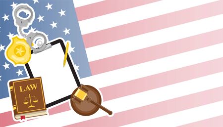 Arrest warrant on black tablet lies with police handcuffs and legal book, gavel and golden badge on United States flag backgroundのイラスト素材