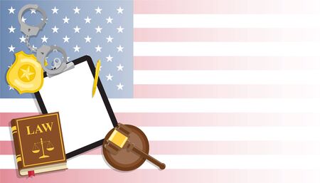 Arrest warrant on black tablet lies with police handcuffs and legal book, gavel and golden badge on United States flag backgroundのイラスト素材