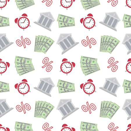 Financial accounting seamless pattern with flat icons. Bookkeeping background, tax optimization, loan, payroll, real estate crediting. vector illustrationのイラスト素材