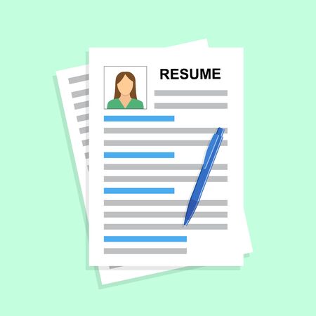 Resumes. CV curriculum vitae application. Selecting staff. Resume template for web landing page, banner, presentation, social media. Analyzing personnel resume.のイラスト素材