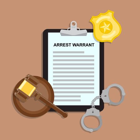 Arrest warrant on black tablet lies with police handcuffs, gavel and golden badge on wooden table. Vector flat lay illustrationのイラスト素材