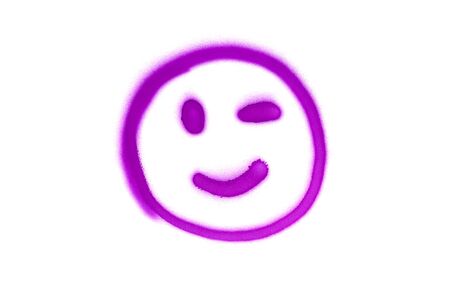 Graffiti smile sign sprayed on white isolated background. Symbol painted in street art tag style in violet colorの写真素材