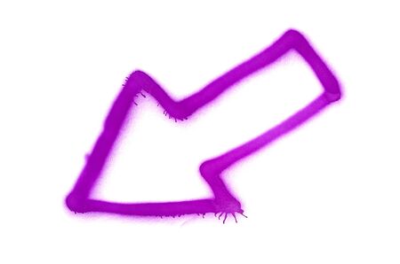 Graffiti diagonal arrow sprayed on white isolated background. Symbol painted in street art tag style in violet colorの写真素材