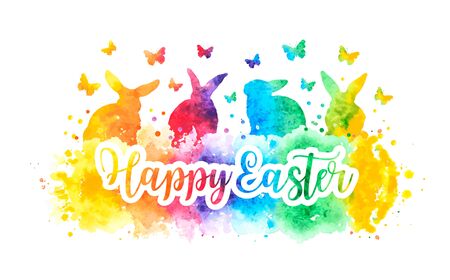 Happy Easter watercolor rainbow banner with bunnies and butterflies. vectorのイラスト素材