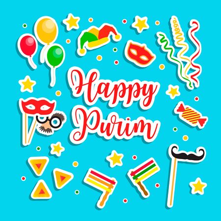 Happy Purim Jewish Holiday greeting card. traditional carnival symbols design elements, icons. Vector illustrationのイラスト素材