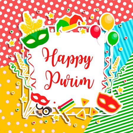 Happy Purim Jewish Holiday greeting card. traditional carnival symbols design elements, icons. Vector illustrationのイラスト素材