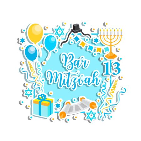 Bar Mitzvah congratulation or invitation card. jewish holiday 13th birthday boy vectorのイラスト素材