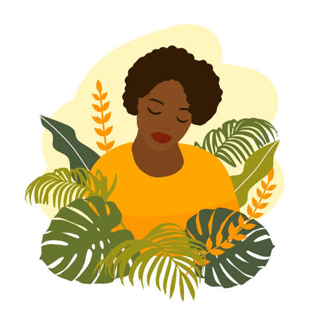Beautiful portrait of an african american woman and floral elements. vector illustration isolated on white backgroundのイラスト素材