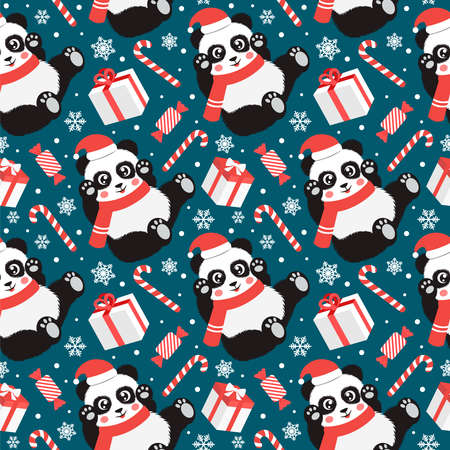 Cute christmas seamless pattern with panda, candy, snowflakes, snowman, mittens and socks. Vector illustrationのイラスト素材