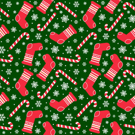 Seamless pattern with christmas stocking socks, candy canes and snowflakesのイラスト素材
