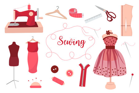 Collection of sewing tools, needles, threads, manikin, sewing machine, hanger, measuring tape. handicraft, needlework concept. vector illustrationのイラスト素材