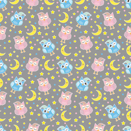 Good Night seamless pattern with cute sleeping owls, moon, stars and clouds. Sweet dreams background. Vector illustrationのイラスト素材