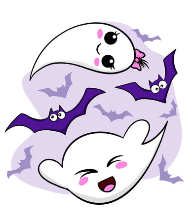 Cute ghost and bats, cartoon vector illustration, Halloween conceptのイラスト素材