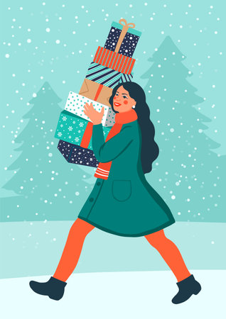 Greeting card Merry Christmas and Happy New Year. Trendy retro style. Preparing for the holiday concept. Vector design templateのイラスト素材