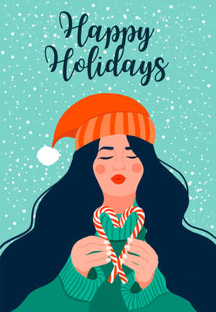 Greeting card Merry Christmas and Happy New Year. Trendy retro style. Vector design template.のイラスト素材