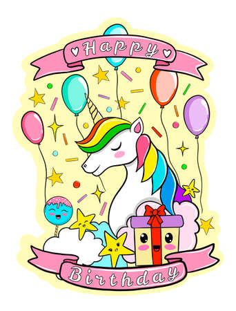 Happy birthday congratulation card with unicorn and kavaii sweets, vector illustrationのイラスト素材