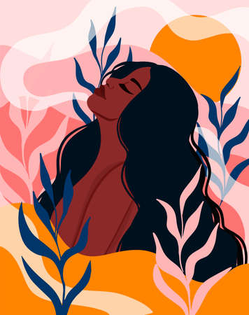 Young African American woman portrait. trendy flat style. Black strong girl, vector illustrationのイラスト素材