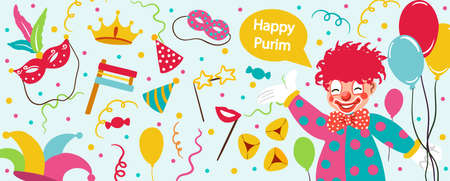 Banner for Jewish holiday Purim with masks and traditional props. Happy Purim wish, congratulations. Vector illustrationのイラスト素材