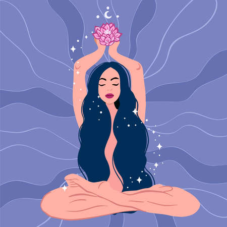 Spiritual magician girl, dream, thought and meditation concept. vector illustrationのイラスト素材