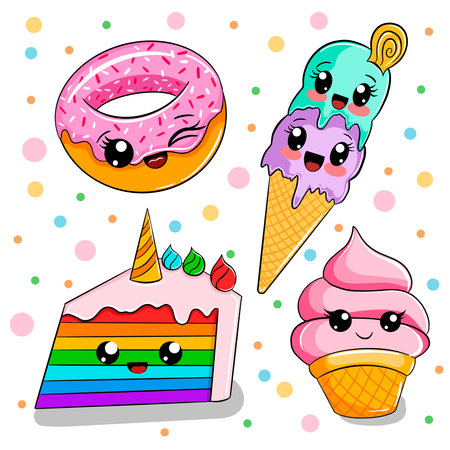 Set of Cute Cartoon colorful kawaii sweets, vector isolated on whiteのイラスト素材