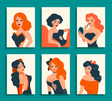 vector portraits of vintage girls in pin-up style collectionのイラスト素材