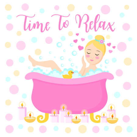 time to relax postcard, banner. cute girl resting in a bath with candles, spa procedure. Young woman in the bathroom. vector illustrationのイラスト素材