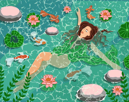 Girl resting in the lake with koi fish.のイラスト素材