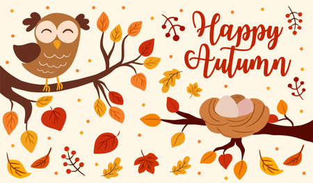 Happy Autumn falling leaves and cute funny owl vector banner, posterのイラスト素材