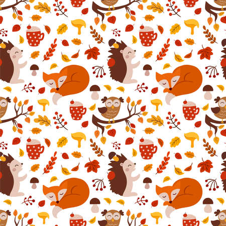 Autumn vector seamless pattern with cute forest animals, mushroomsのイラスト素材