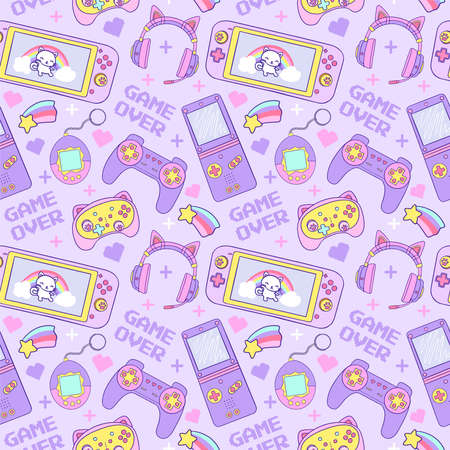 elements set for Gamer Girl. 90s Game cute vector seamless patternのイラスト素材