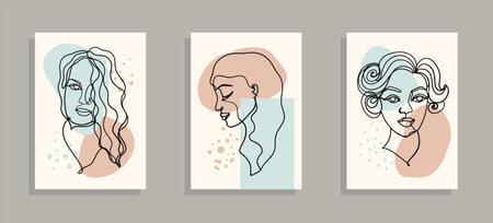 Women faces set in one line style vector illustration. wall artのイラスト素材