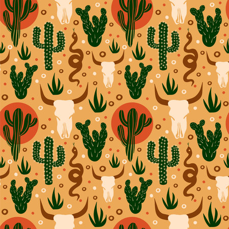 Wild West seamless pattern. Cacti, skull in the desert. Vectorのイラスト素材