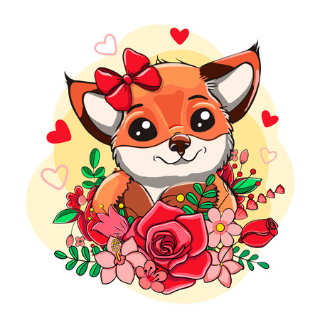 Cute Cartoon Fox with flowers. Template for greeting card, print, invitation and other.のイラスト素材