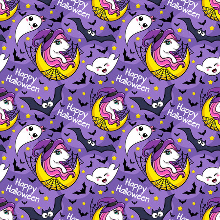 Halloween festive seamless pattern. endless background with cute unicorn, ghost and batsのイラスト素材