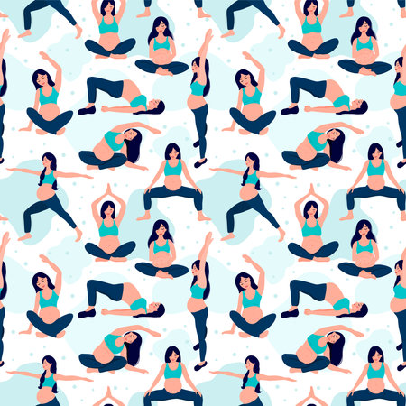 Pregnant woman doing yoga seamless vector patternのイラスト素材