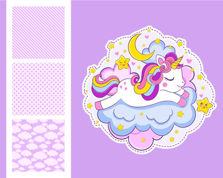 cute unicorn sleeps on the clouds print and 3 seamless pattern for childrens clothing designのイラスト素材