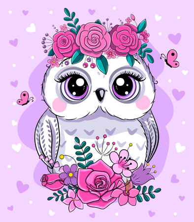 Llittle cute owl and flowers. cartoon vector illustrationのイラスト素材