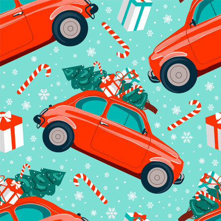 Red retro car Happy holidays template, vector Christmas seamless pattern, endless background, repeating textureのイラスト素材