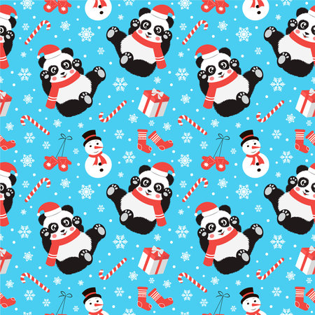 Cute christmas seamless pattern with panda, candy, snowflakes, snowman, mittens and socks. Vector illustrationのイラスト素材