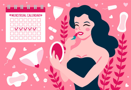 Female menstruation concept. Women with period and hygiene product sanitary pads, menstrual cup and tamponのイラスト素材