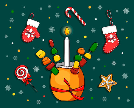 Christingle symbol tradition of celebrating Christmas in Britain. Orange and candle. Cartoon vector illustrationのイラスト素材
