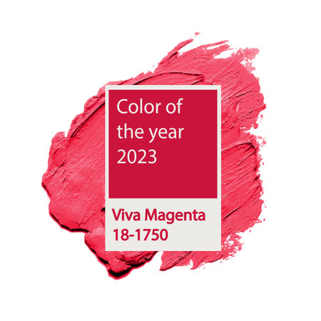 Viva magenta trending color of 2023. Vector lipstick smear isolated on white backgroundのイラスト素材