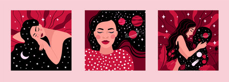 Spiritual girl, space love. dream, thought and meditation concept. vector cards in viva magenta colorのイラスト素材