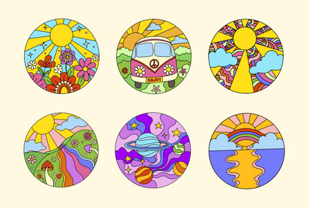 Groovy retro circles with psychedelic landscapes. Vintage hippie printのイラスト素材