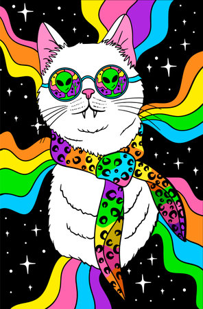 psychedelic groovy white cat in sunglasses, space retro tripのイラスト素材